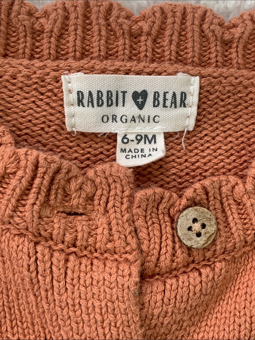 Rabbit + Bear Dusty Orange Cardigan Sweater 6-9M EUC Organic Cotton - Picture 5 of 8